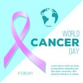 World Cancer Day of awareness about breast, children, leukemia, skin, AIDS and other disease. Banner with ribbon for medical care