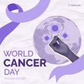 World Cancer Day awareness with flowers and globe in purple theme, vector illustration