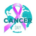 World Cancer Day awareness logo and icon with ribbon, planet Earth and text. Concept of medical care, service, insurance and