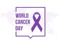 World cancer day banner - Purple ribbon sign and text in speech box rectangle line shape on abstract dot world map texture