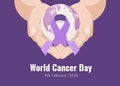 World Cancer Day banner with purple ribbon and world ball on hand holding vector design