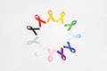 World cancer day concept, February 4. Circle of colorful awareness ribbons on white background. Copy space for text