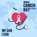 World Cancer Day concept. Stethoscope with heart and white ribbon vector illustration