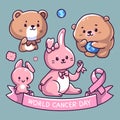 World Cancer Day. Cute cartoon animals set. Mascot Vector illustration. Royalty Free Stock Photo