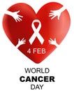 World Cancer Day , 3d heart with hand and ribbon vector illustration