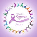 World cancer day, February 4 announcement among multi-color and lavender purple ribbons for raising awareness of all kind tumors