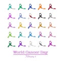 World cancer day, February 4 announcement among multi-color ribbons for raising awareness of all kind tumors