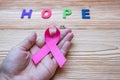 World cancer day February 4 or Breast cancer, hope letter and pink ribbon on wooden background for supporting people living and Royalty Free Stock Photo