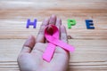 World cancer day February 4 or Breast cancer, hope letter and pink ribbon on wooden background for supporting people living and Royalty Free Stock Photo