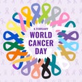 World Cancer Day 4 February. Cancer colorful ribbons in circle illustration. Breast, ovarian, prostate, colon, cervical, lung