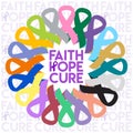 World Cancer Day 4 February. Faith, hope, cure. Cancer colorful ribbons in circle illustration. Breast, prostate, skin, cervical, Royalty Free Stock Photo