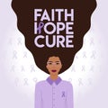 World Cancer Day 4 February. Faith, hope, cure phrase. Black woman with purple ribbon on chest with lettering on hair. Cancer