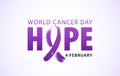 World cancer day 4 february text. Vector illustration concept for world cancer day. Hope word with violet ribbon symbol.