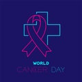 World cancer day logo icon outline stroke set dash line design, ribbon and cross illustration isolated on dark blue background Royalty Free Stock Photo