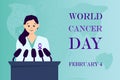 World Cancer Day poster or banner template with purple ribbon symbol and doctor in medical gown, doctor