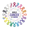 World cancer day text in circle frame with set of ribbons of different colors against cancer around on abstract colorful rectangle Royalty Free Stock Photo