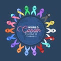 World Cancer Day text in circle globe world sign with set of ribbons of different colors against cancer vector design Royalty Free Stock Photo