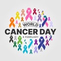 World Cancer Day text in circle shape with set of ribbons of different colors against cancer sign vector design Royalty Free Stock Photo