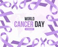 World cancer day text on dot world map texture in lavender cancer ribbons frame vector design Royalty Free Stock Photo