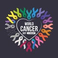 World cancer day text in heart shape frame with set of ribbons of different colors against cancer on dark background vector design Royalty Free Stock Photo