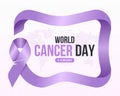 World cancer day text in single lavender cancer ribbon with a brooch to roll rectangle curve frame shape on dot world map texture Royalty Free Stock Photo