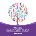 World Cancer Day - Tree with set of ribbons of different colors against cancer leaves on purple floor vector design Royalty Free Stock Photo