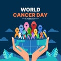 World Cancer Day - Two hand hold up set of ribbons of different colors against cancer sign on hemisphere on dark blue background