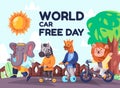 World car free day poster for kids animal riding bicycle elephant zebra giraffe and lion in fun shiny day