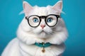 fluffy domestic white cat with glasses, vision check, ophthalmology salon, veterinary clinic, blue background