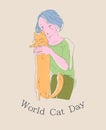 World Cat Day. Funny hand drawing of a girl holding her cat Royalty Free Stock Photo