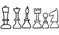 Doodle black and white chess set, king, queen, rook, elephant, knight and pawn. World chess day. Isolated sketch of cuts