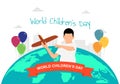World children day background with earth, balloon and child play kite