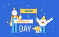 World Children`s Day - November 20 - horizontal vector banner template with cheerful childish geometric characters on blue