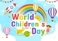 World Children\'s Day Vector Illustration on 20 November with Kids and Rainbow in Children Celebration Bright Sky Blue