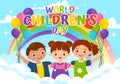 World Children\'s Day Vector Illustration on 20 November with Kids and Rainbow in Children Celebration Bright Sky Blue Royalty Free Stock Photo