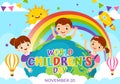 World Children\'s Day Vector Illustration on 20 November with Kids and Rainbow in Children Celebration Bright Sky Blue