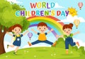 World Children\'s Day Vector Illustration on 20 November with Kids and Rainbow in Children Celebration Bright Sky Blue