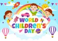 World Children\'s Day Vector Illustration on 20 November with Kids and Rainbow in Children Celebration Bright Sky Blue