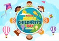 World Children\'s Day Vector Illustration on 20 November with Kids and Rainbow in Children Celebration Bright Sky Blue