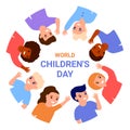 World childrens day. Happy multinational kids waving hands, stand in border circle. Smiling children greeting, welcome. Friends,