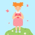 World Childrens Day. Poster with a cute girl and a heart in her hands. Royalty Free Stock Photo