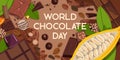 World chocolate day - greeting banner with a chocolate bars, chocolate candies and chocolate chips on light brown background. Royalty Free Stock Photo
