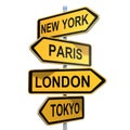 World cities New York, London, Tokyo, Paris on signpost arrows