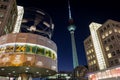 World clock and Tv tower at night in central Berlin Mitte district, Germany