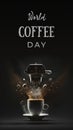 World coffee day, October 1.Coffee machine making cup of coffee. AI generative illustration, generated by AI. Coffee splash,