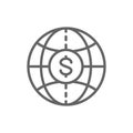 World with coin, global cash, money transfers, currency line icon.