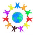 World Communication Concept. Plasticine Clay Colorful People around of Earth Globe Modeling from Plasticine Blue and Green Clay. Royalty Free Stock Photo