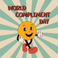 World compliment day concept. Retro groovy smiling character with thumbs up