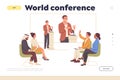 World conference landing page with spokesman and international audience discussing business question