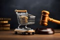 World Consumer Rights Day March 10 Shopping cart and judge gavel for consumer rights concept. International Justice Day July 17 Royalty Free Stock Photo